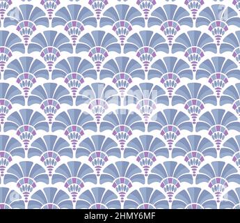 Geometrisches Fan Gatsby Art Deco Stoffmuster Design in Weiß Blau und Lila Farbe Stock Vektor