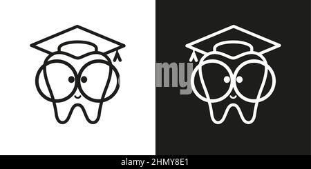 Ikone Zahn mit großen Gläsern. Kelle, quadratische akademische Mütze, Abschlusshut Stock Vektor