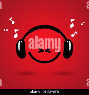 Kopfhörer und Happy Smile Logo. Modisches, flaches Logo im Musikgeschäft Stock Vektor