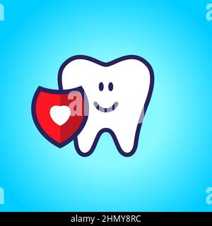 Geschützter Zahn, gesund, weiß, glücklicher Zahn, Zahnmedizin, Mundhygiene. Schild mit einem Liebessymbol, Herz Stock Vektor