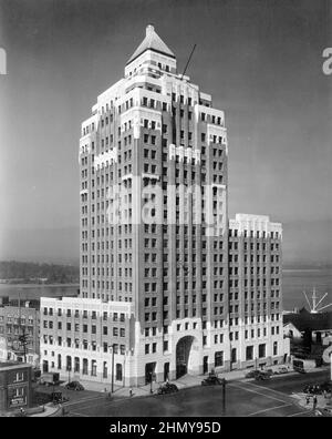 Vintage Schwarz-Weiß-Fotografie ca. 1947 0f das Marine Building im Art déco-Stil in der Burrard Street im Zentrum von Vancouver, British Columbia, Kanada Stockfoto