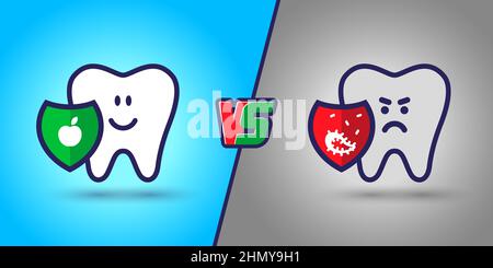 Geschützter Zahn, ein gesunder, weißer, glücklicher Zahn gegen einen bösen, kranken Zahn. Schaden gegen Gebrauch im Mund Stock Vektor