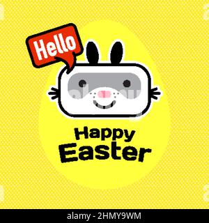 Hallo Glückliche Osterkarte mit Kaninchen auf gelbem Hintergrund. Vektor Stock Vektor
