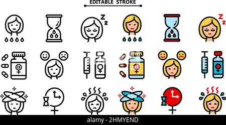 Symbole für Menopause-Umrisse gesetzt. Bearbeitbare Kontur. Symbol Sammlung von Menstruationszeit, Schwangerschaft oder Menopause. Vektor-Farbzeichen für Webgrafiken. V Stock Vektor
