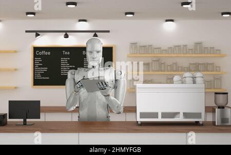 Automationscafe oder Coffee Shop Konzept mit 3D Rendering robotic Barista servieren Tasse Kaffee Stockfoto