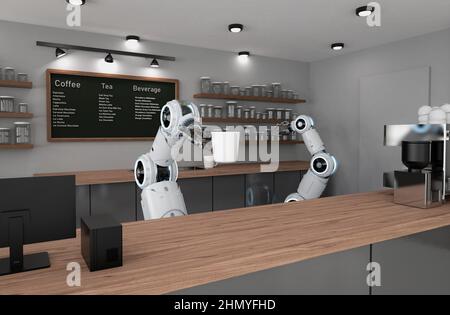 Automationscafe oder Coffee Shop Konzept mit 3D Rendering robotic Barista servieren Tasse Kaffee Stockfoto