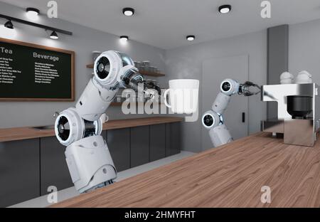 Automationscafe oder Coffee Shop Konzept mit 3D Rendering robotic Barista servieren Tasse Kaffee Stockfoto