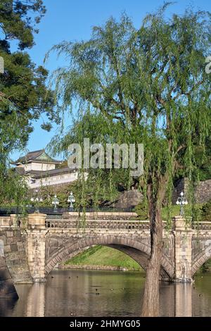 Der Blick auf die SeidenIshibashi-Brücke (ein Spitzname ist Meganebashi oder Brillen) über das Wasser des Nijubashi-Grabens und des Fushimi-Turms von Kyuden aus gesehen Stockfoto