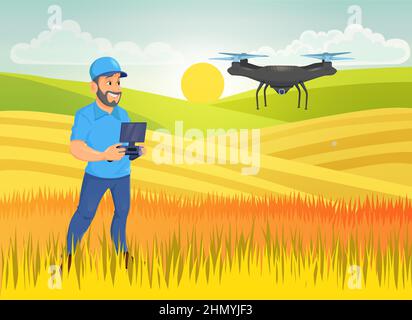 Man steuert Quadcopter entfernt, drahtlose Drohnensteuerung. Landwirtschaftliche Innovation, intelligente Agronomie-Technologie. Stock Vektor