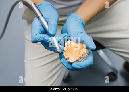 Zahnarzt zeigt, wie man einen Zahn mit einem Bohrer auf einem Gipsmodell eines Kiefers mit Zähnen bohrt Stockfoto