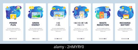 Onboarding for web site and mobile app. Menu banner vector template for website and application development. Power plug, Green energy, Bio fuel, Radio Stock Vektor