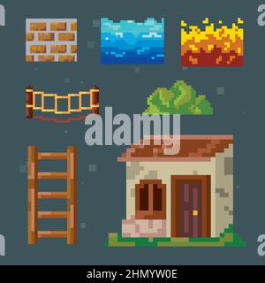 Satz mit sieben pixeligen Elementen Stock Vektor