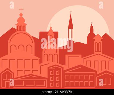 Rom ist die Hauptstadt Italiens. Sonnenuntergang Altstadt Stadtbild. Europäische Architektur Silhouette gegenüber der Sonne. Flacher Style. Stock Vektor