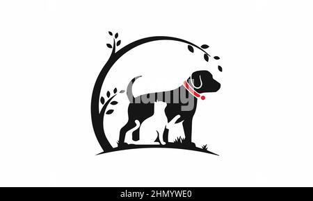 Design-Vorlage für Hund mit Katzen- und Baumlogo. Vektorgrafik. Stock Vektor