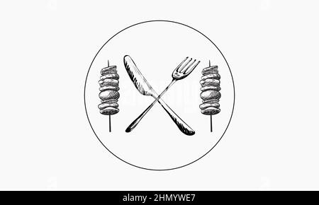 Symbol für Grillgeräte oder Grillwerkzeuge. Grillgabel mit Spachtel, Brot und Gläsern. Wurst auf einer Gabel. Vektorgrafik. Stock Vektor