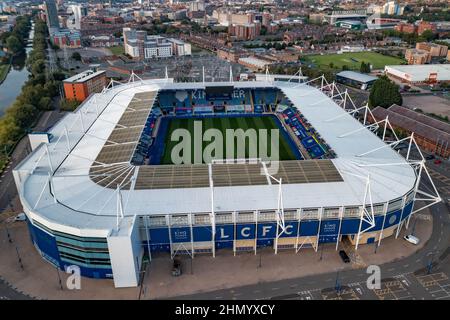 King Power Stadium Heimstadion der ehemaligen Premier League Champions Leicester City Football Drone Aerial Crash Site des Hubschraubers Vichai Srivaddhanaprabha Stockfoto