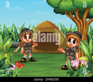 Cartoon-Kinder und ein Zelt zum Campen im schönen Park Stock Vektor