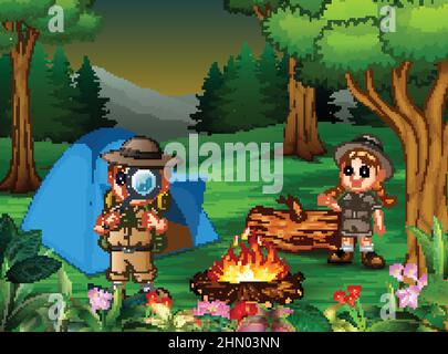Karikatur von Kindern, die im Wald campen Stock Vektor
