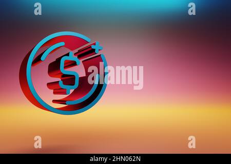 Schöne blau-rote MünzDollar-Symbol-Symbole auf mehrfarbigem hellen Hintergrund. 3D Rendering-Illustration. Hintergrundmuster für Design. Stockfoto