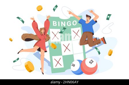 Flache glückliche Menschen in der Nähe von Bingokarte mit glücklichen Ballzahlen. Junge aufgeregt Charaktere mit Gewinn Ticket von Keno Glücksspiel. Fröhliche Lotteriegewinnerinnen des Lotto-Jackpots, Casino-Glücksspiel-Freizeit. Stock Vektor