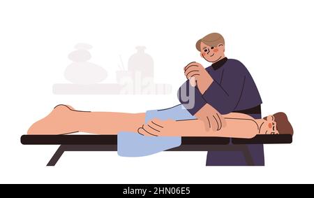 Flacher Chiropraktiker, der Schmerzen im unteren Rücken behandelt. Patient liegt auf dem Tisch und Arzt osteopathen Druck auf die Wirbelsäule mit Ellbogen. Physiotherapeut massiert an den Menschen. Rehabilitation oder manuelle Therapie. Stock Vektor