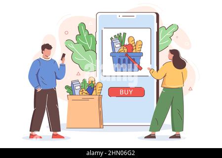 Flat Menschen bestellen Lebensmittel online. Einkaufen über mobile Anwendung. Internet-Einkäufe mit Lieferung nach Hause aus Supermarkt. Smartphone-Bildschirm mit Kauftaste und Korb voller Produkte. Stock Vektor