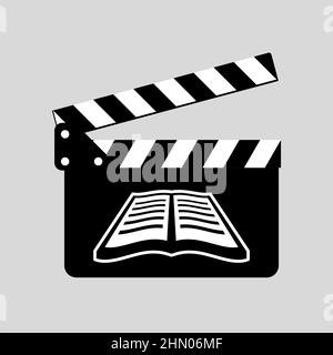 Klapboard mit einem Buch. Film aus dem Buch. Klappbrett mit einem Skript. Angepasstes Szenario-Award-Konzept. Storytelling und Drehbuch Idee. Stock Vektor