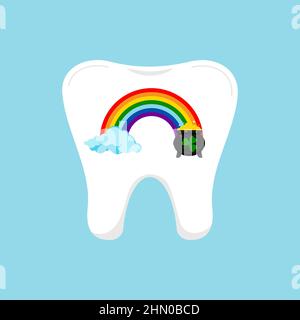 St. Patrick Zahn mit Regenbogen und Topf mit Goldmünzen und Wolke Symbol isoliert. Stock Vektor