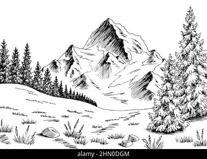 Berge Hügel Grafik schwarz weiß Landschaft Skizze Illustration Vektor Stock Vektor