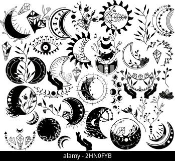 Himmelsmond. Schwarz-weiße Mondphase mit Blume. Mystischer Boho-Mond, Kristall, Sonne, Blumen. Hexenmondclipart. Ramadan-Symbol. Vektorgrafik Stock Vektor