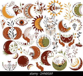 Himmelsphase. Mystischer himmlischer Mond, mystische Augen, Kristall, Blatt, Blumenmond. Bohemian Witchcraft Moon. Geheimnisvoller Mondkalender. Big Boho Style Kollektion. Vektorgrafik. Stock Vektor