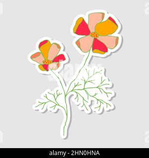 Illustration des California Poppy. Aufkleber mit Blumen für das Album. Schöne Blumenaufkleber.Doodle Stil. Zeichnen von hellen Blumen. Vektor Stock Vektor