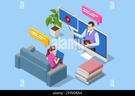 Isometrisches E-Learning und Online-Bildung für Studenten und Universitäten Konzept. Webinar, Digitaler Unterricht, Metaphern Für Online-Unterricht. Stock Vektor