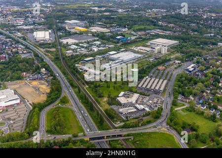 Luftaufnahme, Gasometer Herne, Industriegebiet Hibernia Lindenallee, Herne, Ruhrgebiet, Nordrhein-Westfalen, Deutschland, DE, DECATHLON Herne, Europa, CO Stockfoto