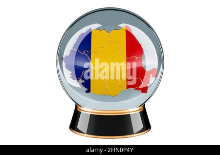 Kristallkugel mit rumänischer Karte. Prognose und Vorhersage für Rumänien, Konzept. 3D Darstellung isoliert auf weißem Hintergrund Stockfoto