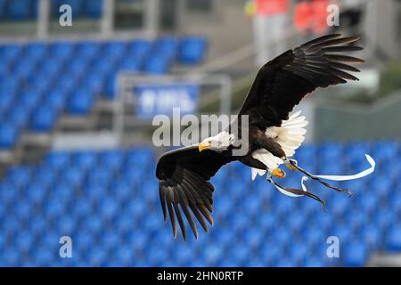 12th. Februar 2022 ; Stadio Olimpico, Rom, Italien; Italienischer Fußball der Serie A, SS Lazio gegen Bologna; der Adler Olimpia, Maskottchen der SS Lazio Stockfoto