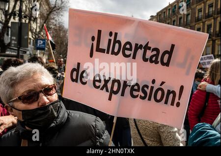 Madrid, Spanien. 13th. Februar 2022. Eine Frau, die ein Plakat mit der Aufschrift „Meinungsfreiheit“ während einer Demonstration gegen das als Gag-Gesetz (Ley Mordaza) bekannte Gesetz zur Sicherheit der Völker trägt. Die Bürgerplattform „No Somos Delito“ hat zusammen mit Gruppen, Organisationen und sozialen Bewegungen, die sich für die Verteidigung der Menschenrechte einsetzen, zu einer Demonstration aufgerufen, um zu fordern, dass die von der Regierung vorgeschlagene Reform des Gag-Gesetzes auf einige Mindestvorgaben reagiert, die die freie Ausübung der Grundrechte garantieren. Quelle: Marcos del Mazo/Alamy Live News Stockfoto