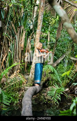 Eine Musikerin Balancing on a Log spielt Violine im Tropenwald in Mexiko Stockfoto