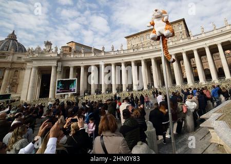 Vatikan. 13. Februar 2022 - PAPST FRANZISKUS hält Angelusgebet. Nach dem Segen sprach Papst Franziskus diese Worte: "Liebe Brüder und Schwestern, die Nachrichten aus der Ukraine sind sehr beunruhigend. Ich vertraue jede Anstrengung für den Frieden der Fürsprache der Jungfrau Maria und dem Gewissen der politischen Führer an. Lasst uns schweigend beten'' © EvandroInetti via ZUMA Wire (Bild: © Evandro Inetti/ZUMA Press Wire) Quelle: ZUMA Press, Inc./Alamy Live News Stockfoto