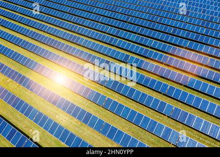 Luftaufnahme von Solarzellen Feld, Photovoltaik, alternative Elektrizität Stockfoto