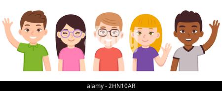 Nette Cartoon Kinder mit Down-Syndrom-Gruppe. Verschiedene Jungen und Mädchen lächeln und winken. Vektorgrafik Clip Art Illustration Set. Stock Vektor