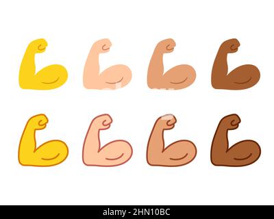 Gebeugte Bicep-Emoji-Symbolsatz. Starkes Arm-Symbol in zwei Stilen, skizziert und flach Cartoon. Andere Hautfarbe. Vektorgrafik. Stock Vektor