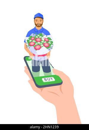 Frische Blumen Express-Lieferung. Der Lieferer hält einen Blumenstrauß. Der Kunde bestellt online per Handy-App. Blumengeschäft Lieferservice wo Stock Vektor