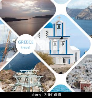 Set von Sommerfotos auf Santorini, Griechenland. Das Konzept der Erholung und Unterhaltung. Stockfoto