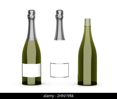 Flasche Sekt. Isoliert auf weißem Hintergrund. Flasche für Champagner, Chardonnai und Weißwein, platzieren Sie Ihr Design und verwenden Sie für Präsentationen Stockfoto