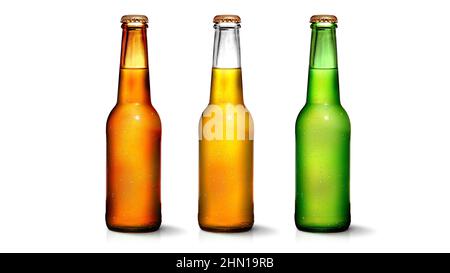 Bierflasche Mock-Up - Drei Flaschen. 3D Rendern. Drei Flaschen 500ml Mockup mit leerem Etikett auf weißem Hintergrund. Vorderansicht. 3D Abbildung. Farbe Stockfoto