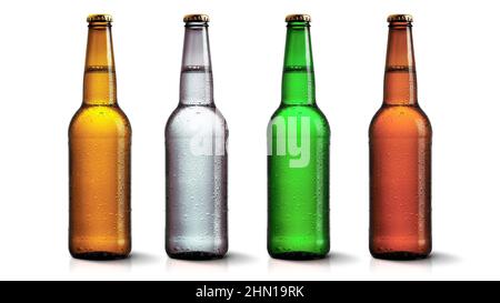 Bierflasche Mock-Up - Drei Flaschen. 3D Rendern. Drei Flaschen 500ml Mockup mit leerem Etikett auf weißem Hintergrund. Vorderansicht. 3D Abbildung. Farbe Stockfoto