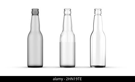 Bierflasche Mock-Up - Drei Flaschen. 3D Rendern. Drei Flaschen 500ml Mockup mit leerem Etikett auf weißem Hintergrund. Vorderansicht. 3D Abbildung. Farbe Stockfoto