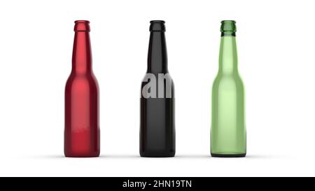 Bierflasche Mock-Up - Drei Flaschen. 3D Rendern. Drei Flaschen 500ml Mockup mit leerem Etikett auf weißem Hintergrund. Vorderansicht. 3D Abbildung. Farbe Stockfoto