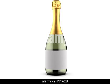 Flasche Sekt. Isoliert auf weißem Hintergrund. Flasche für Champagner, Chardonnai und Weißwein, platzieren Sie Ihr Design und verwenden Sie für Präsentationen Stockfoto